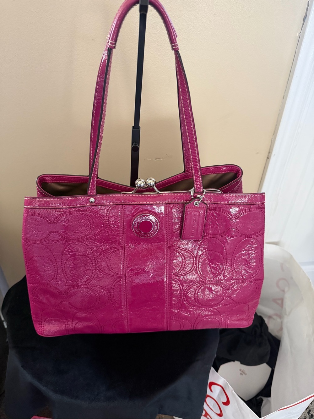 Coach Hot Pink Patent Leather Tote with Signature Embossing